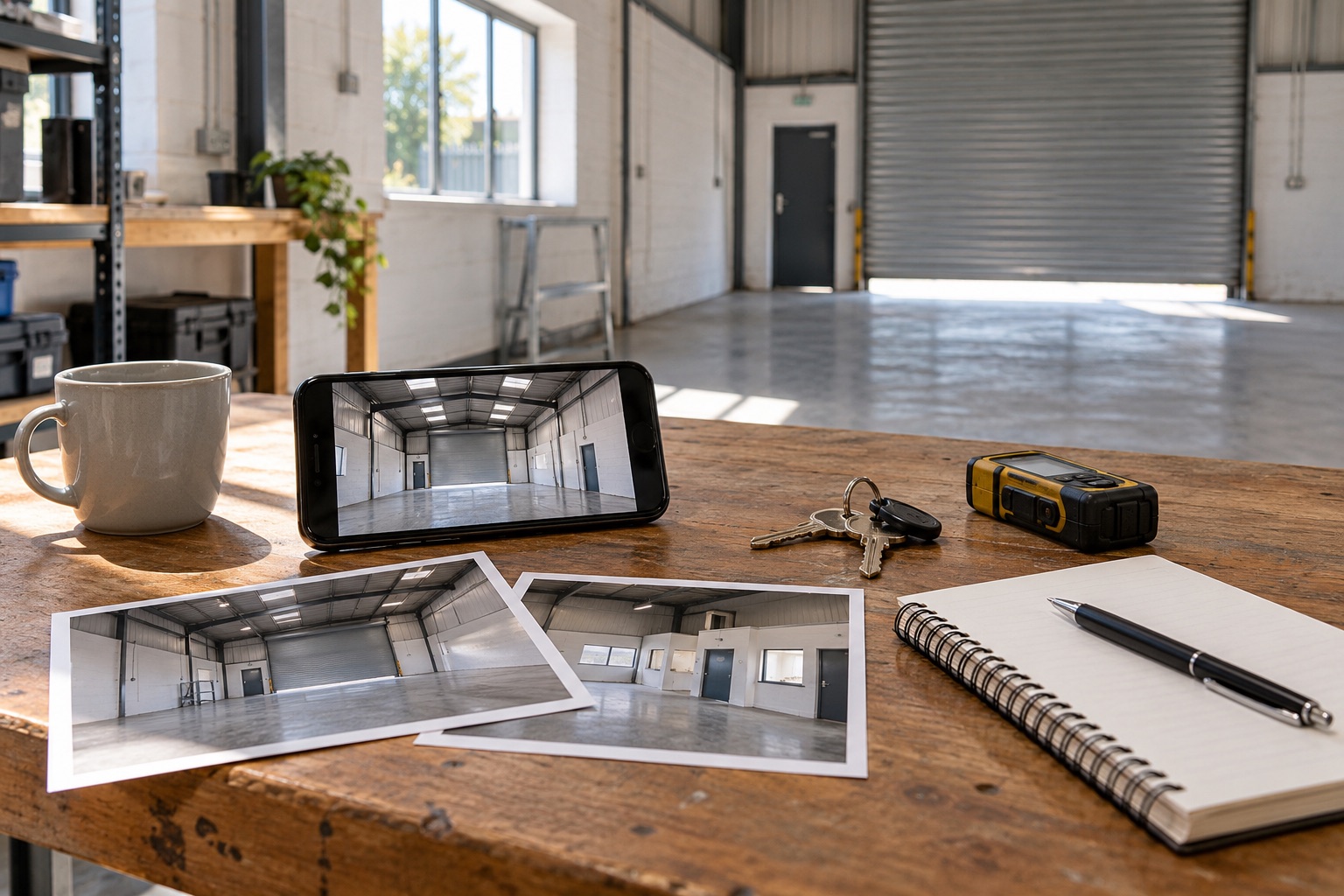 Workshop photographs, notes and measuring tools prepared for an advert review
