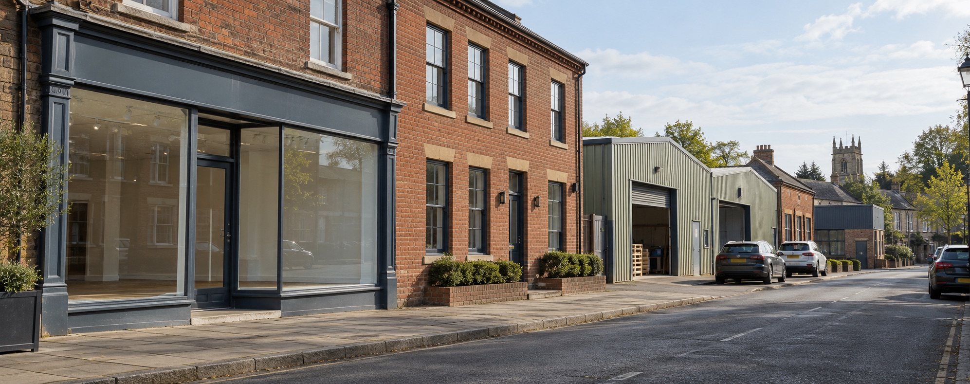 English commercial street with a shop, offices and small workshop units