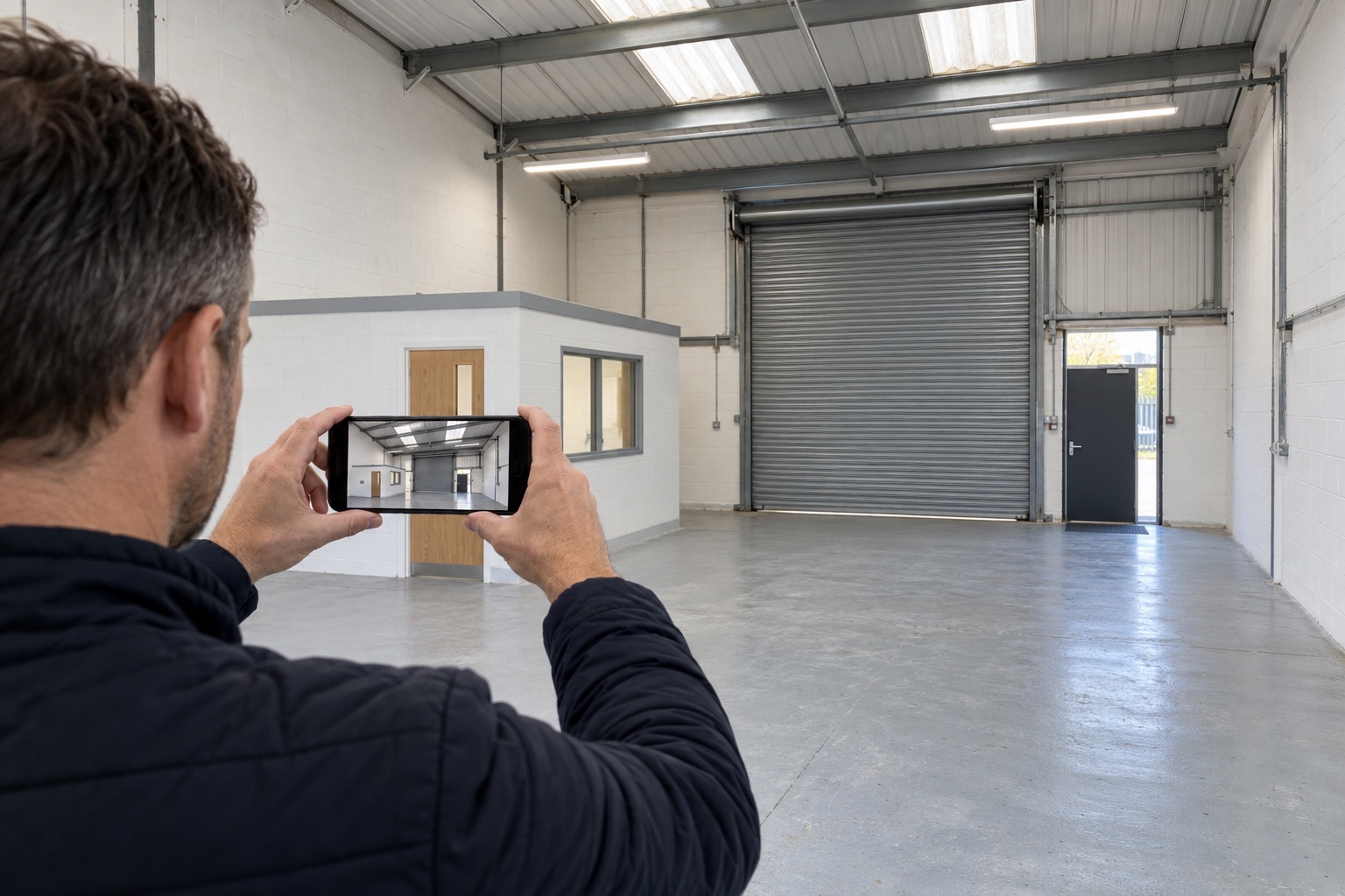 An owner photographing an empty workshop with a phone